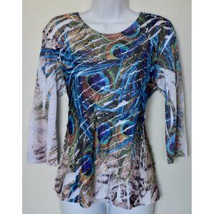 CURRENT/ELLIOTT RUFFLED BOAT NECK 3/4 SLEEVE PEACOCK PRINT MULTI BLOUSE. SIZE S